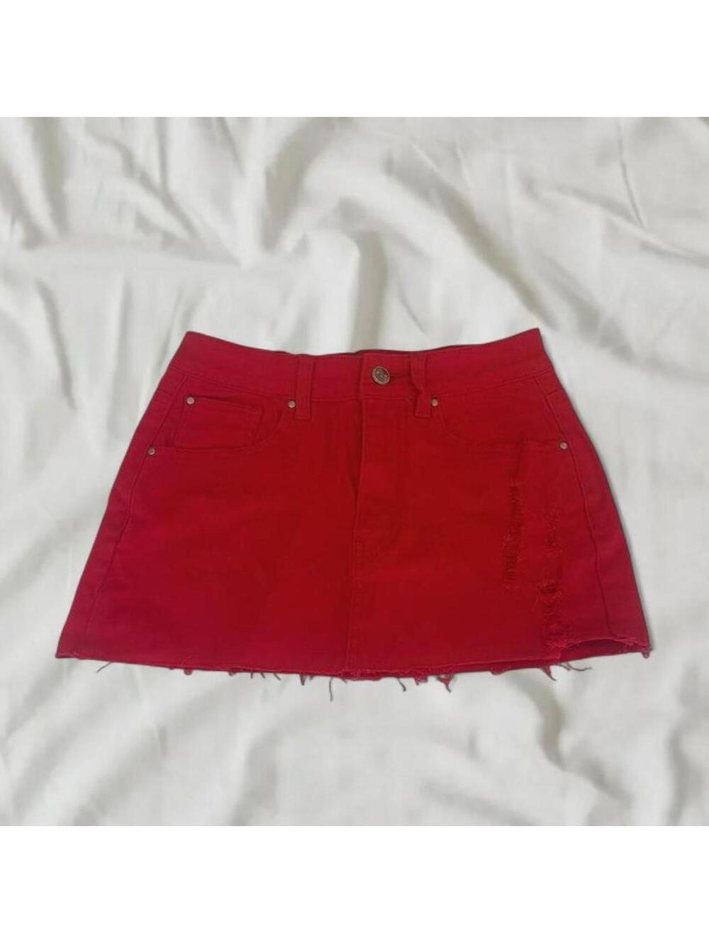 PrettyLittleThing Red Distressed Denim Mini Skirt Size 0